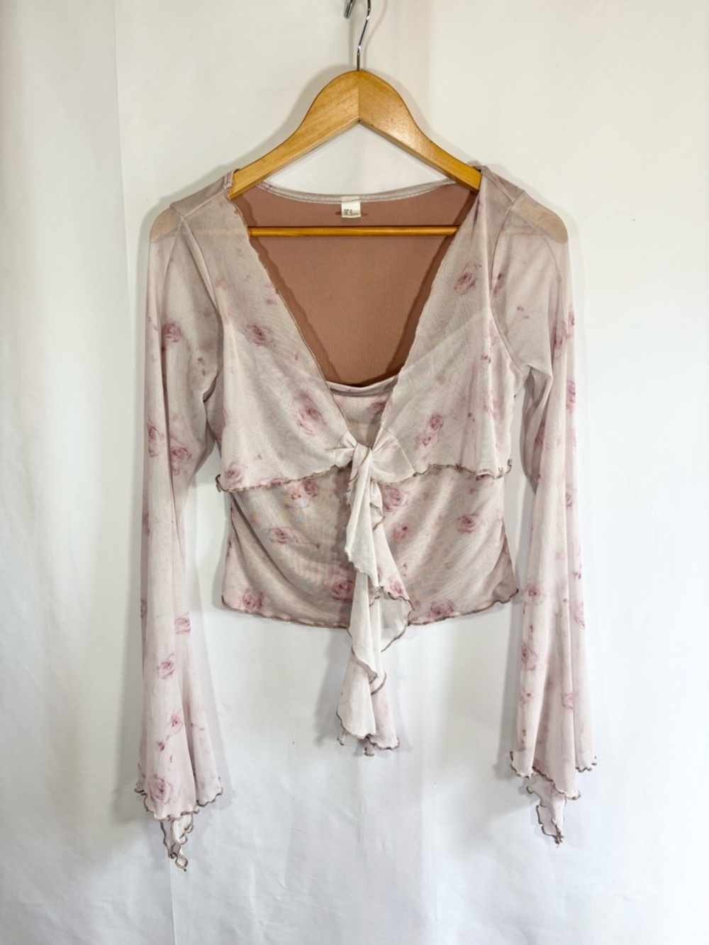 Sheer Floral Mesh Tie Front Top Bell Sleeve Fairy Core Y2K Romantic Blouse M Jr